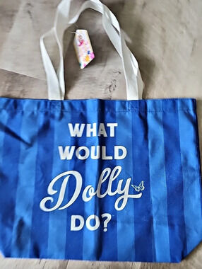 NWT Dolly Parton What Would Dolly Do Canvas Tote Bag Blue & White